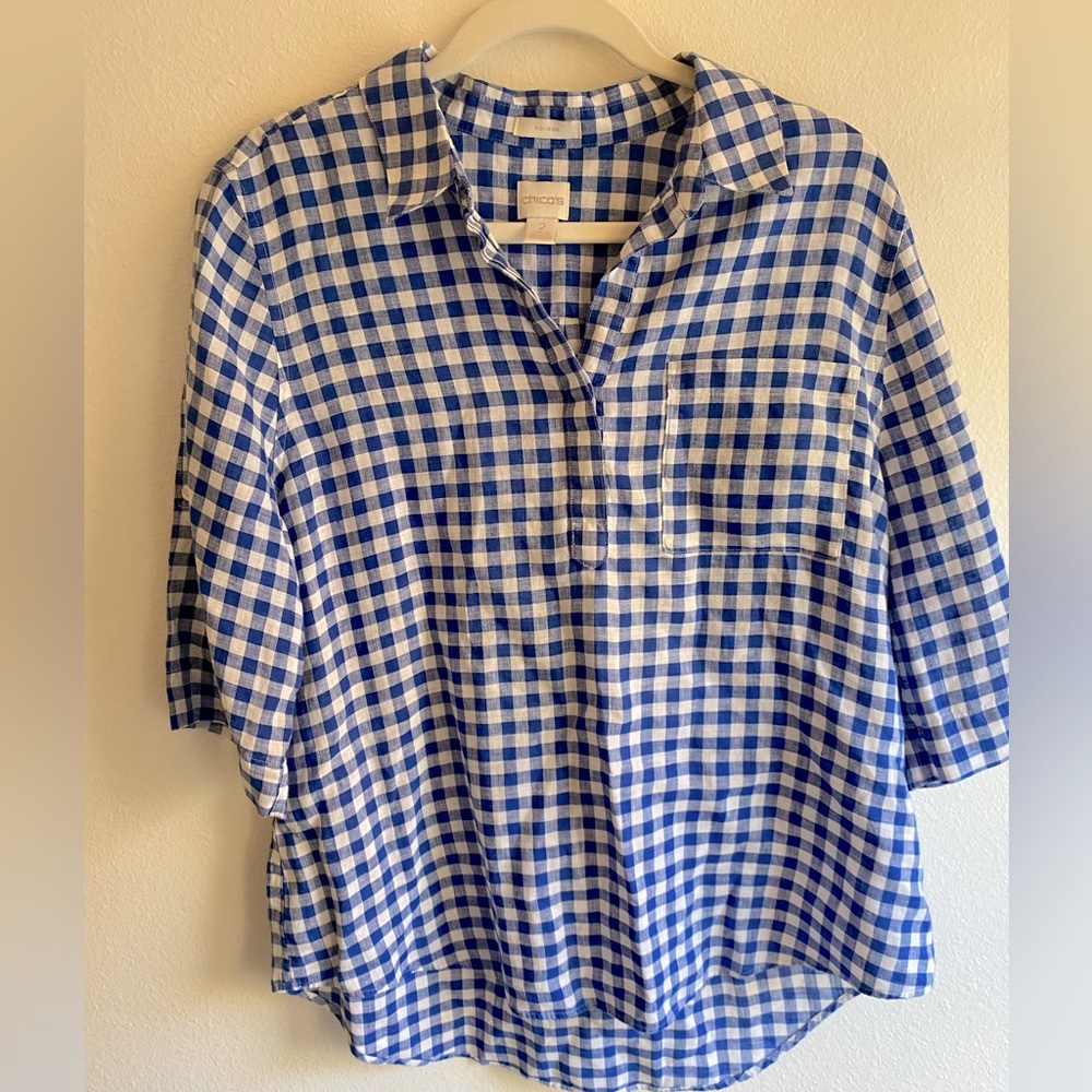 Chico’s No Iron Linen Blue Gingham Popover Blouse Top Shirt White Checked Sz 2